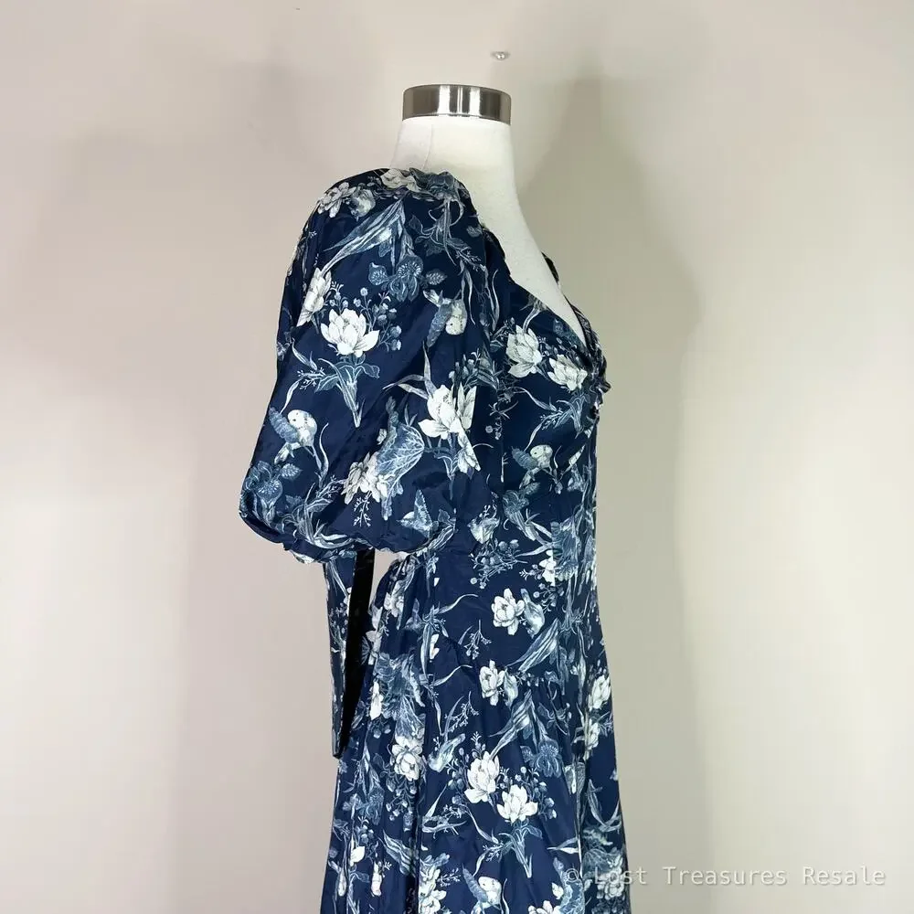 Abercrombie | Floral Drama Puff Sleeve Maxi Dress Open Tie Back Blue White Small